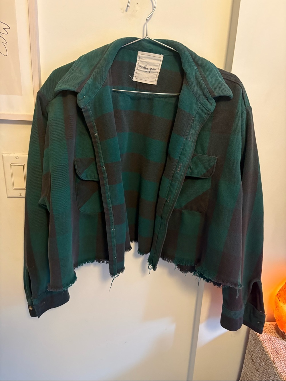 2/$15: Cropped Green and Black Plaid Jean Jacket